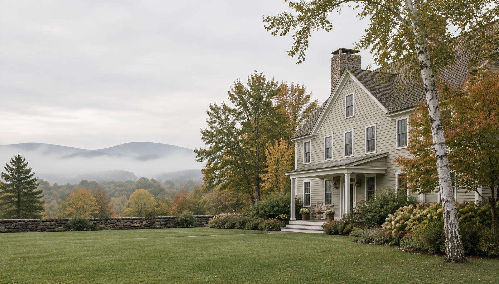 New England boutique property at sunrise, stone path and autumn foliage